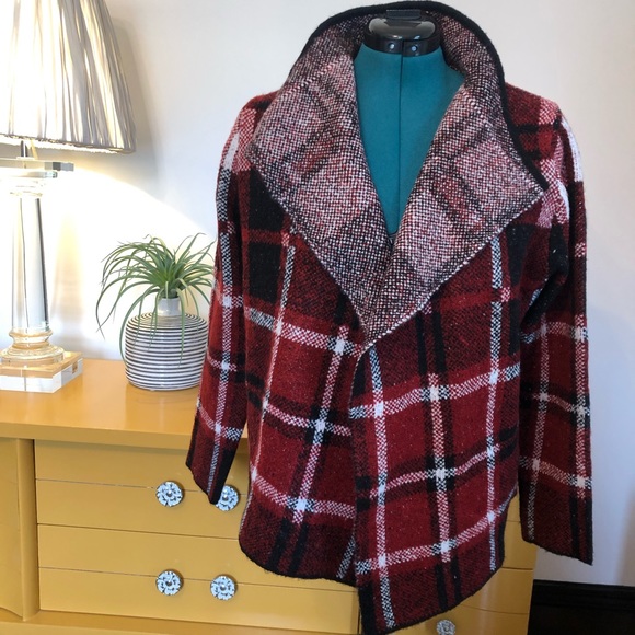 Joseph A. Red Plaid Open Front Cardigan Sweater - Picture 2 of 15